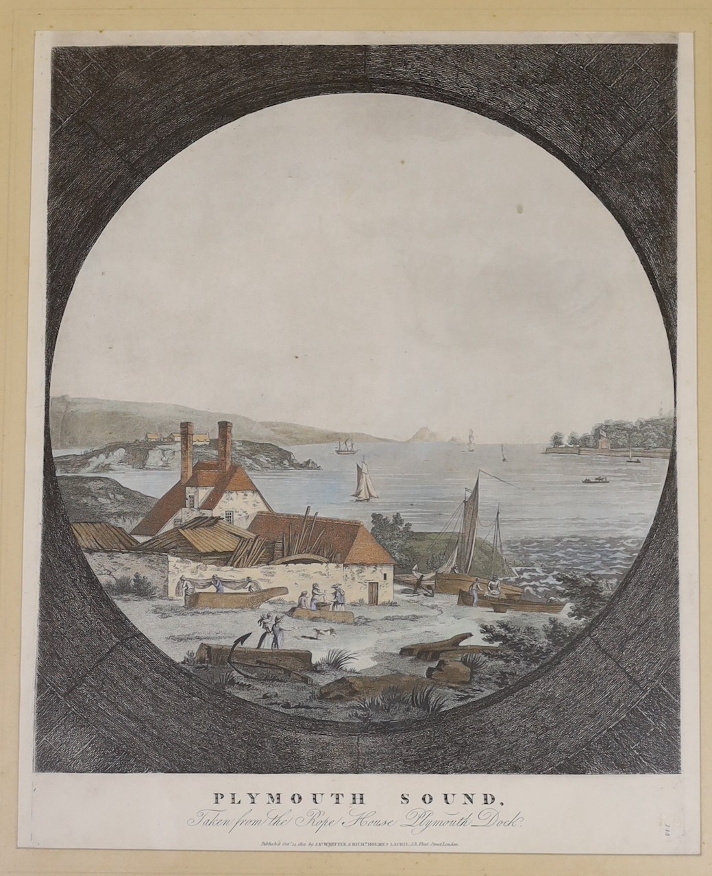 W. Tomkins, coloured engraving, View of Mount Edgcumbe from The Rope House, Plymouth Dock, 32 x 36cm and a reprinted engraving of Plymouth Sound, 39 x 32cm